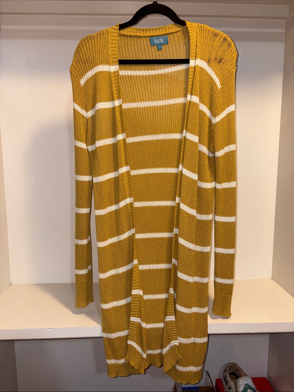 Mustard & White Striped Open-Front Long Cardigan